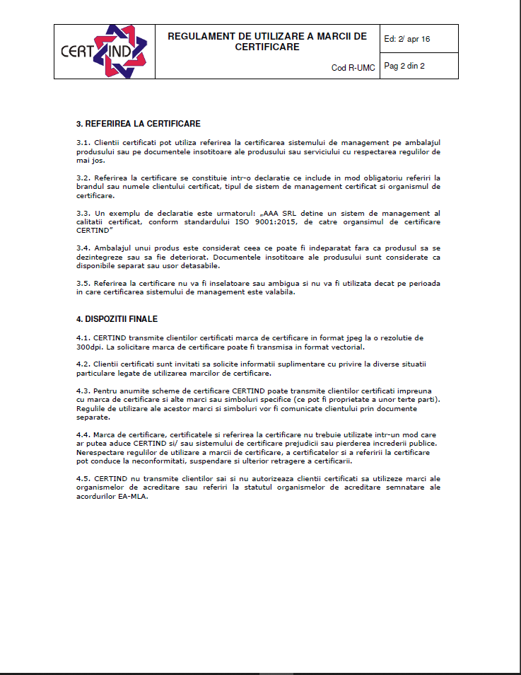 REGULAMENT DE UTILIZARE A MARCII 2